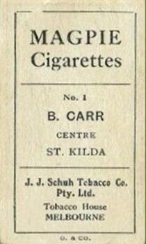 1921 J.J.Schuh Magpie Cigarettes Australian Footballers - Victorian League #1 Charles Carr Back